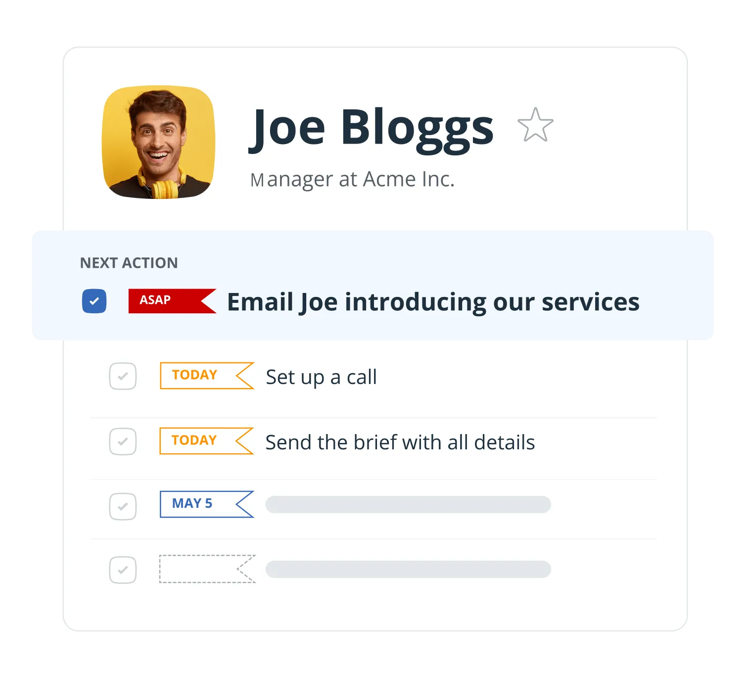 A contact in OnePageCRM with several follow-up reminders queued against it, each flagged with its own due date