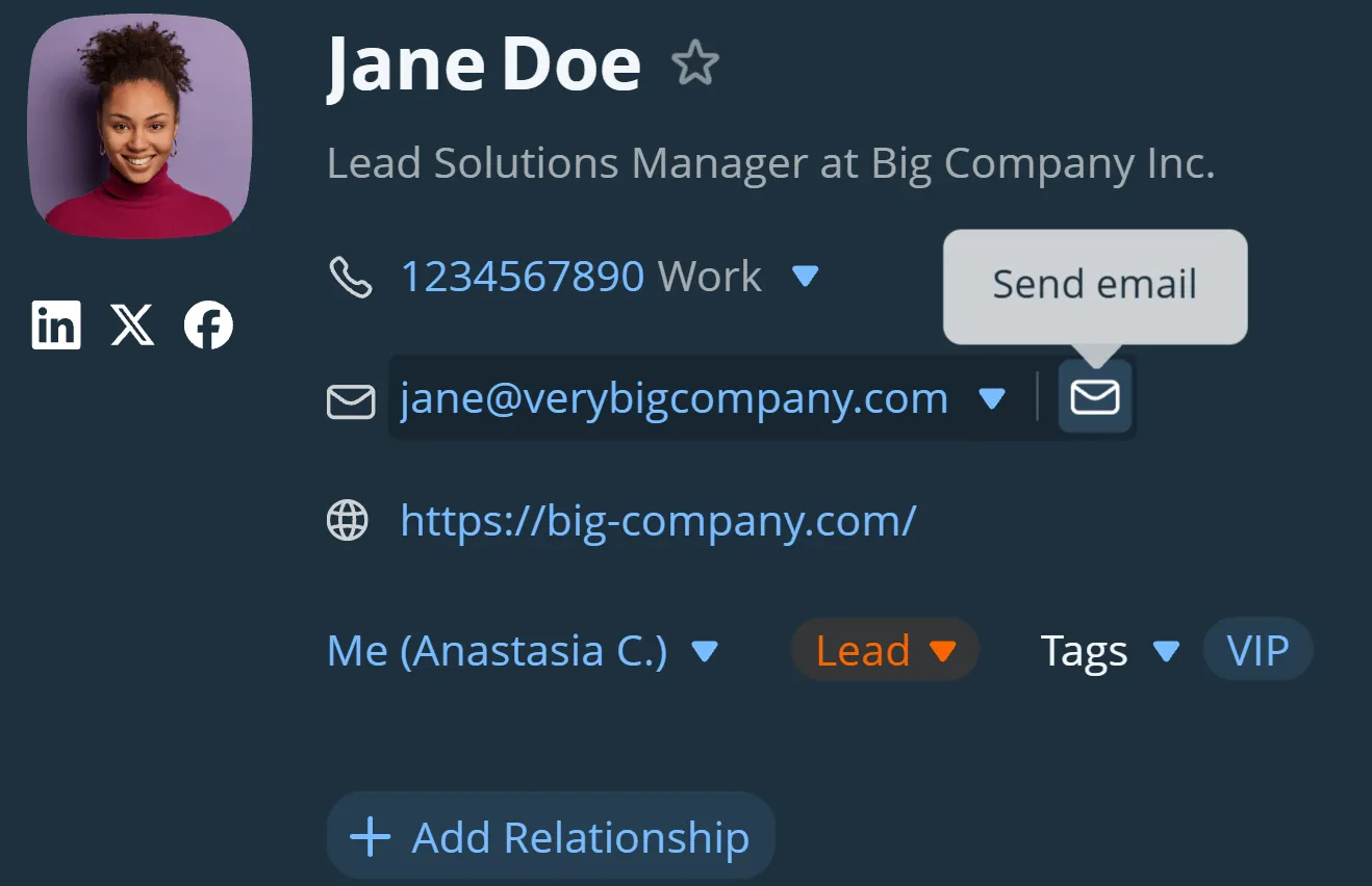 A contact record in OnePageCRM, with the send-email button beside the address