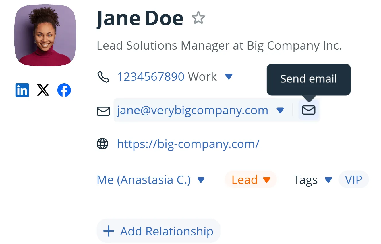 A contact record in OnePageCRM, with the send-email button beside the address