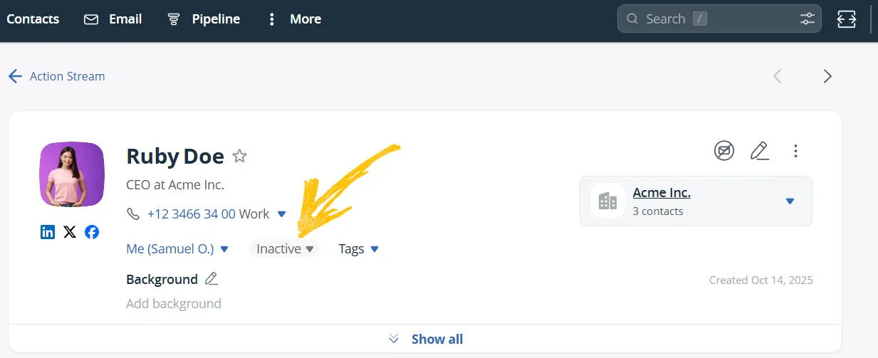 inactive contact status in onepagecrm