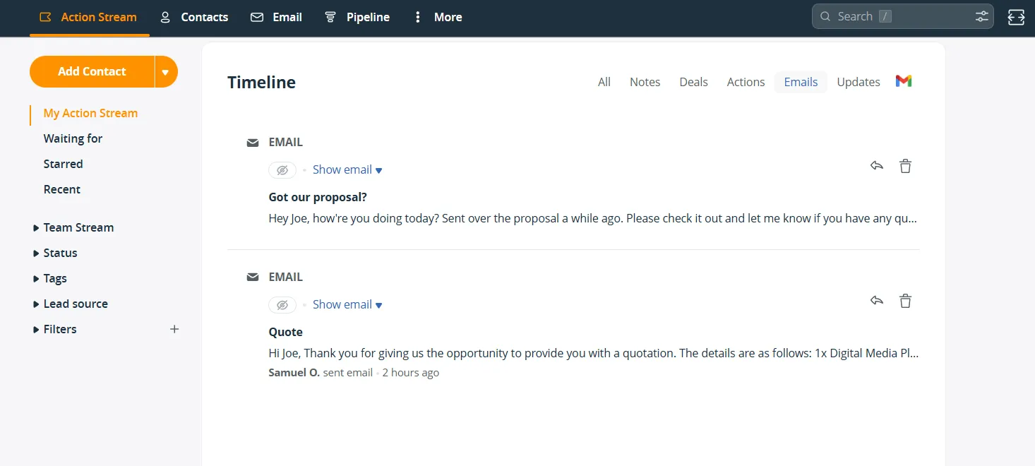 sales emails to leads inside crm