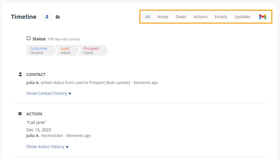 contact timeline in onepagecrm