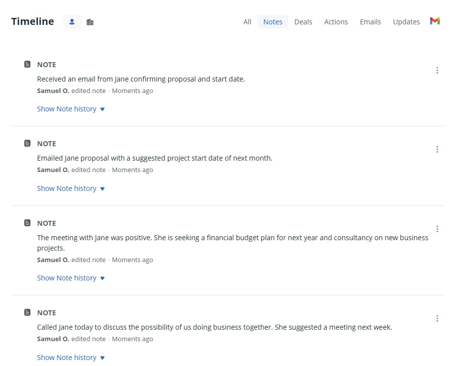 client notes in onepagecrm