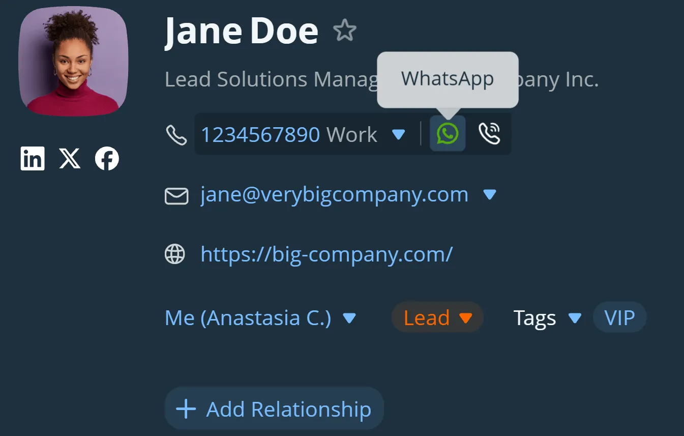 A contact record in OnePageCRM, with the WhatsApp and call buttons beside the phone number
