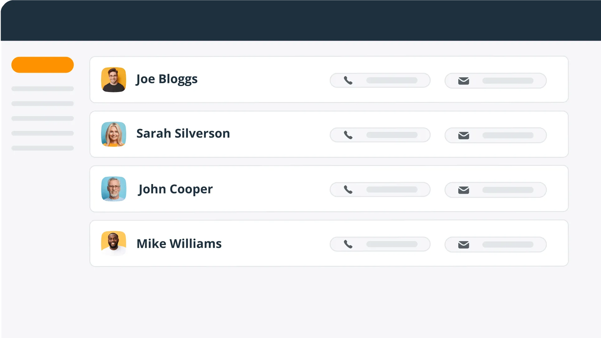 Four contacts in OnePageCRM, each row showing a photo, a name, and a phone and email field