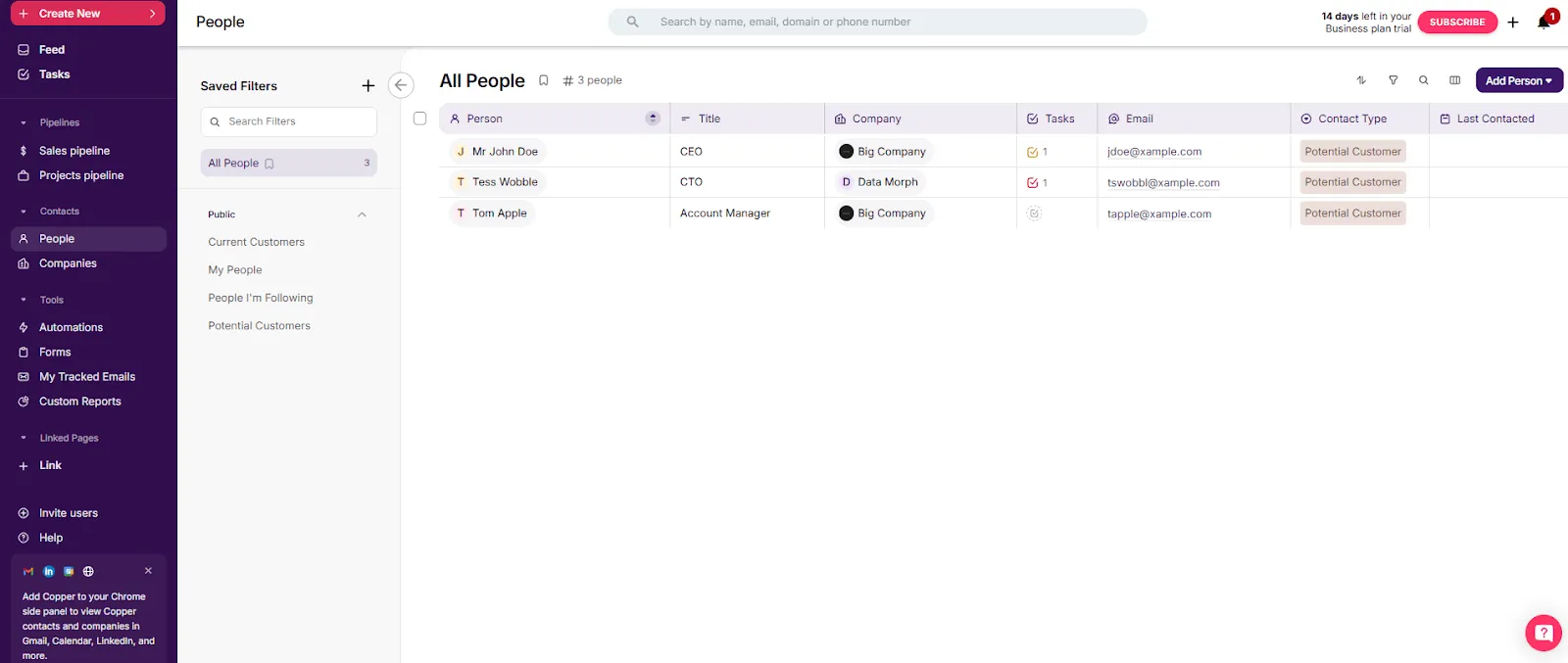 copper crm main page