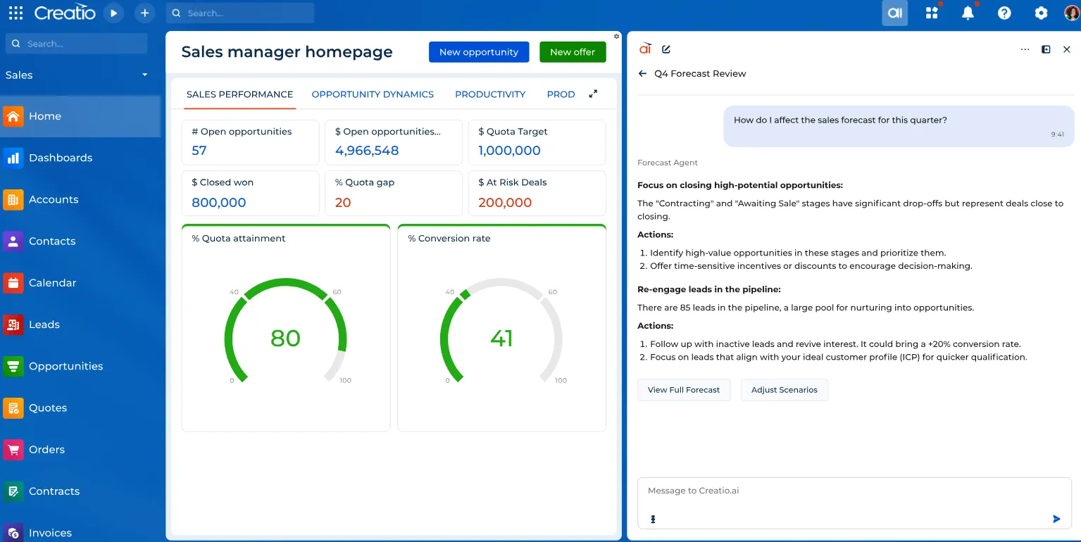 Creatio’s sales manager homepage, with quota and conversion dials beside an AI forecast review