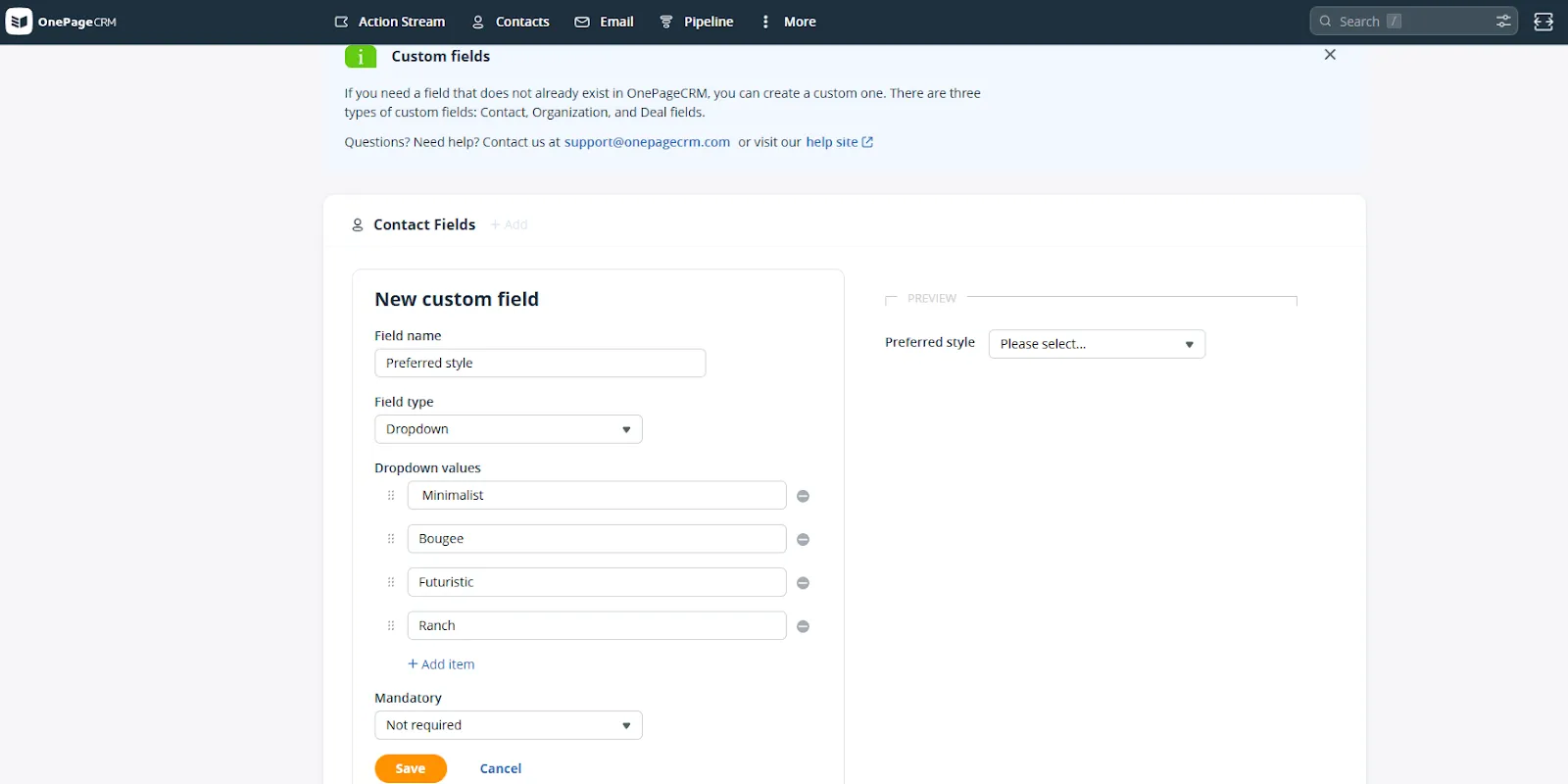 custom fields in onepagecrm