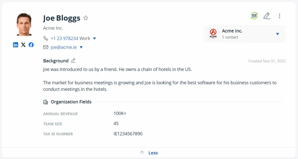 organization fields on a contact page