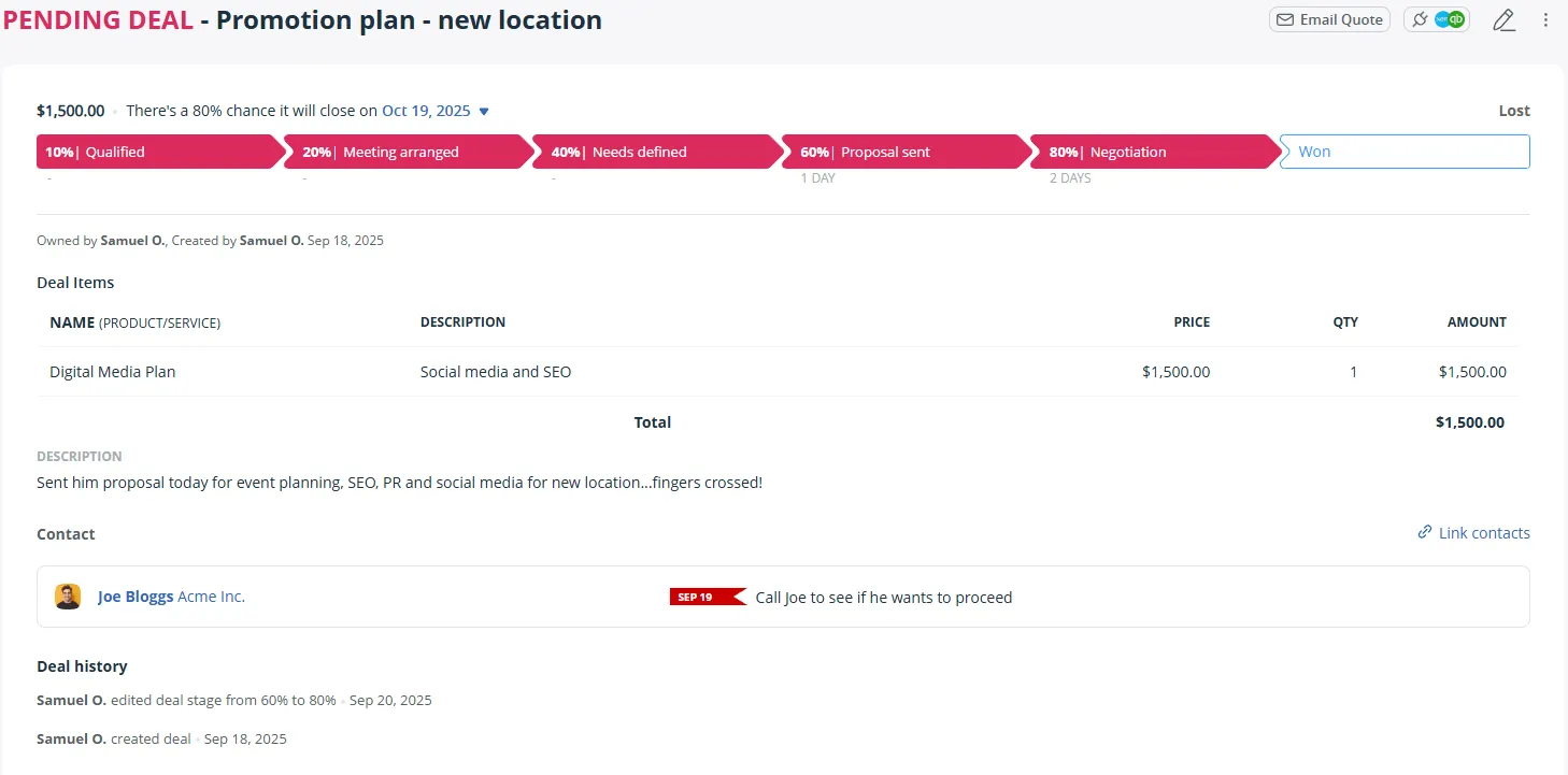 A OnePageCRM deal page headed Pending deal, with a clickable stage bar from Qualified to Won across the top, then the deal's items and total, the linked contact with their next action, and a dated history of every change