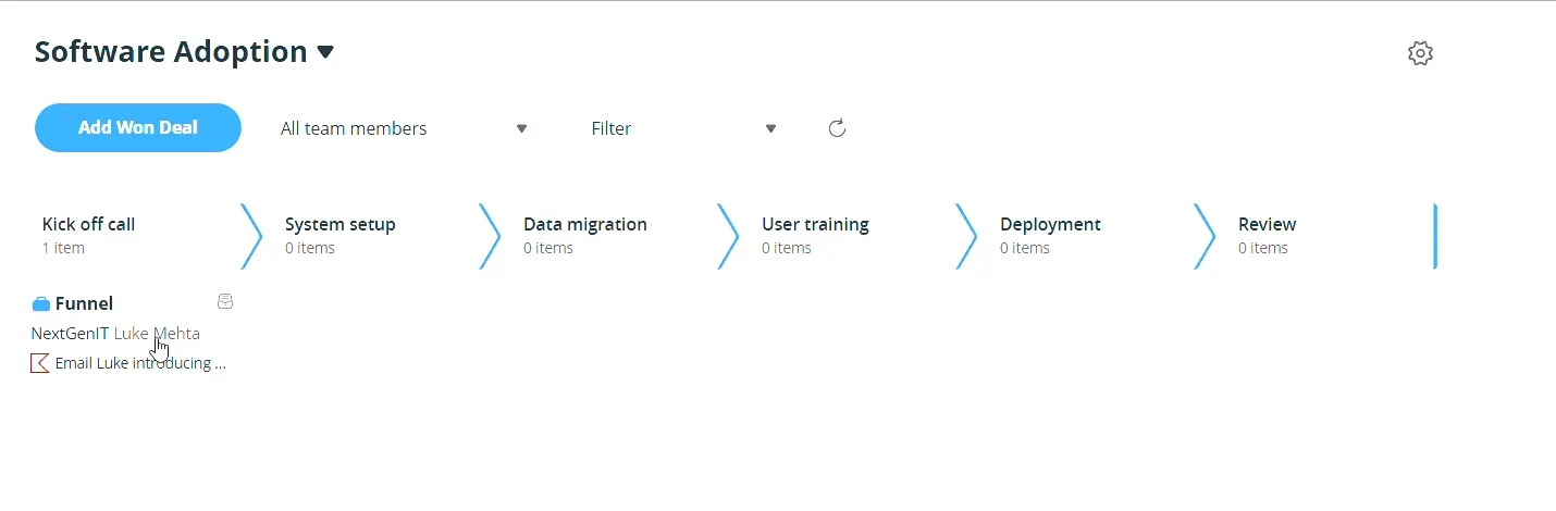 A deal being dragged through the Delivery pipeline stage by stage, from In progress to Completed