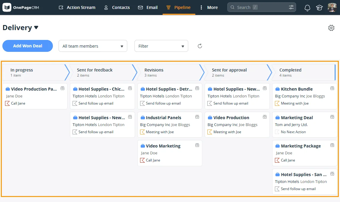 A OnePageCRM Delivery pipeline as a Kanban board with the stages In progress, Sent for feedback, Revisions, Sent for approval, and Completed, each card carrying a won deal and its own next action