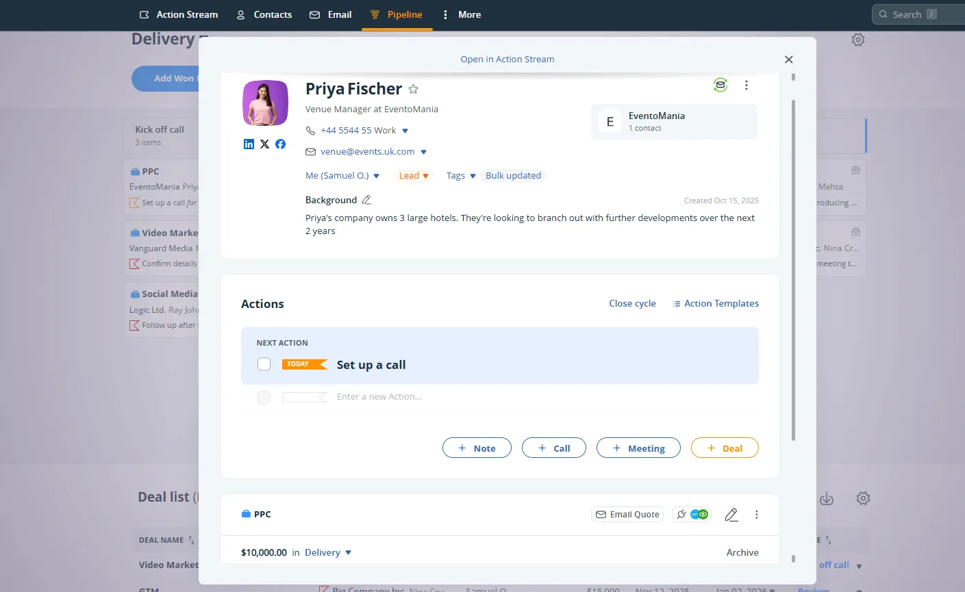 A contact opened over the OnePageCRM Delivery pipeline, showing their phone number, email, background note, and a Next Action of Set up a call