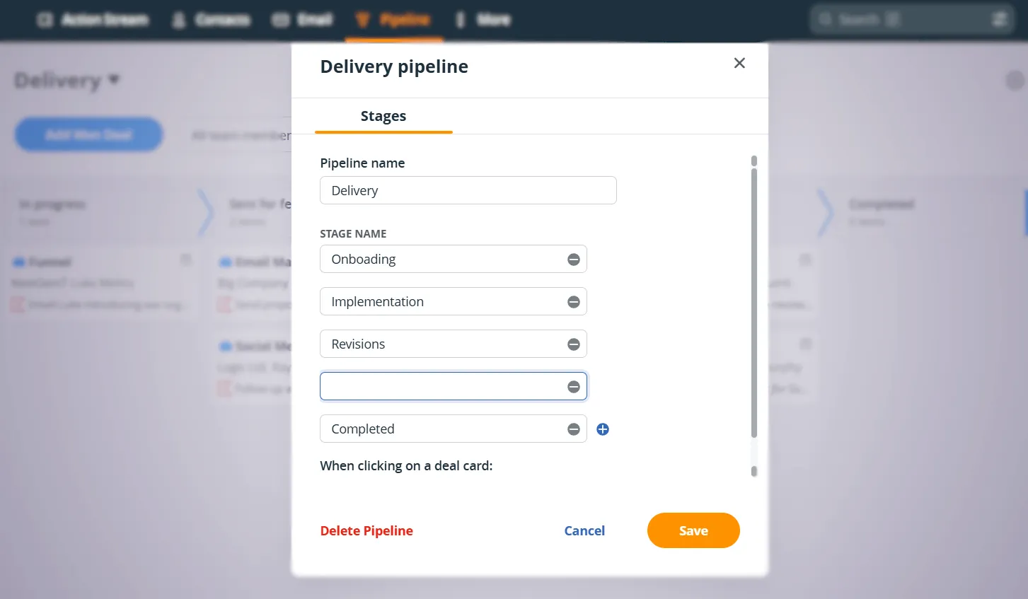 The Delivery pipeline's stage settings, with the stage names editable in a list and a button for adding another