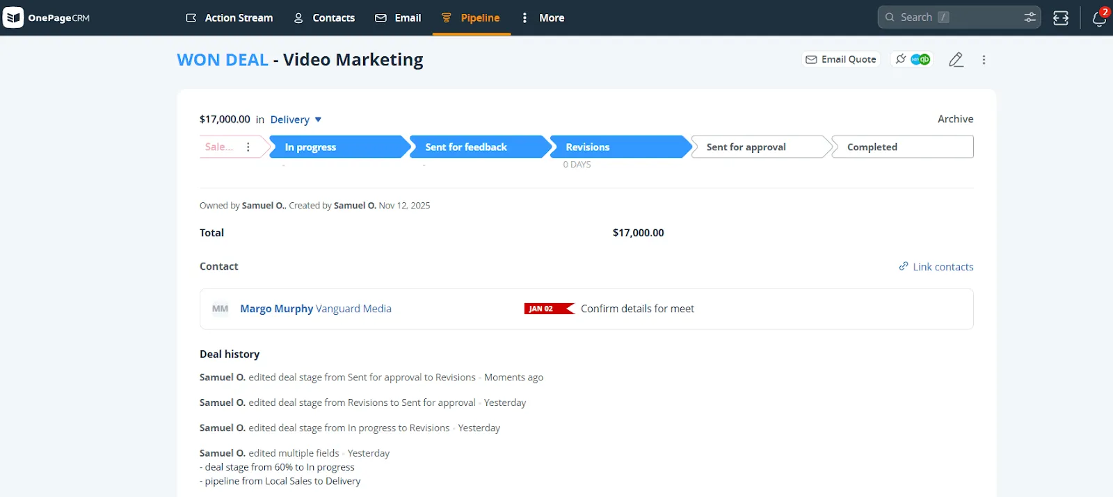 A won deal in OnePageCRM showing its Delivery stages, its value, the linked contact with a Next Action, and a deal history recording every stage change