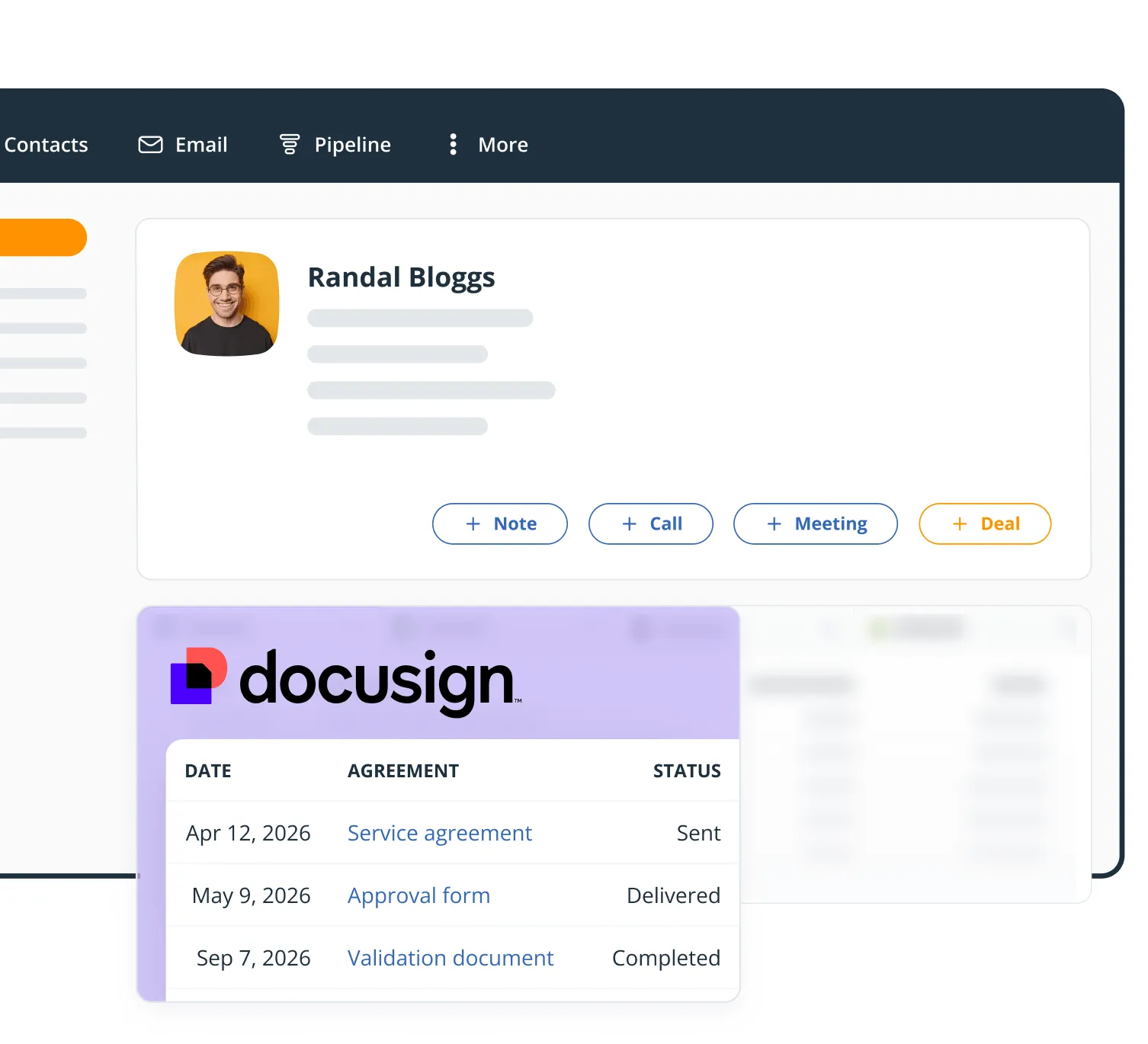 The Docusign widget on a OnePageCRM contact's page, listing agreements with their dates and statuses.