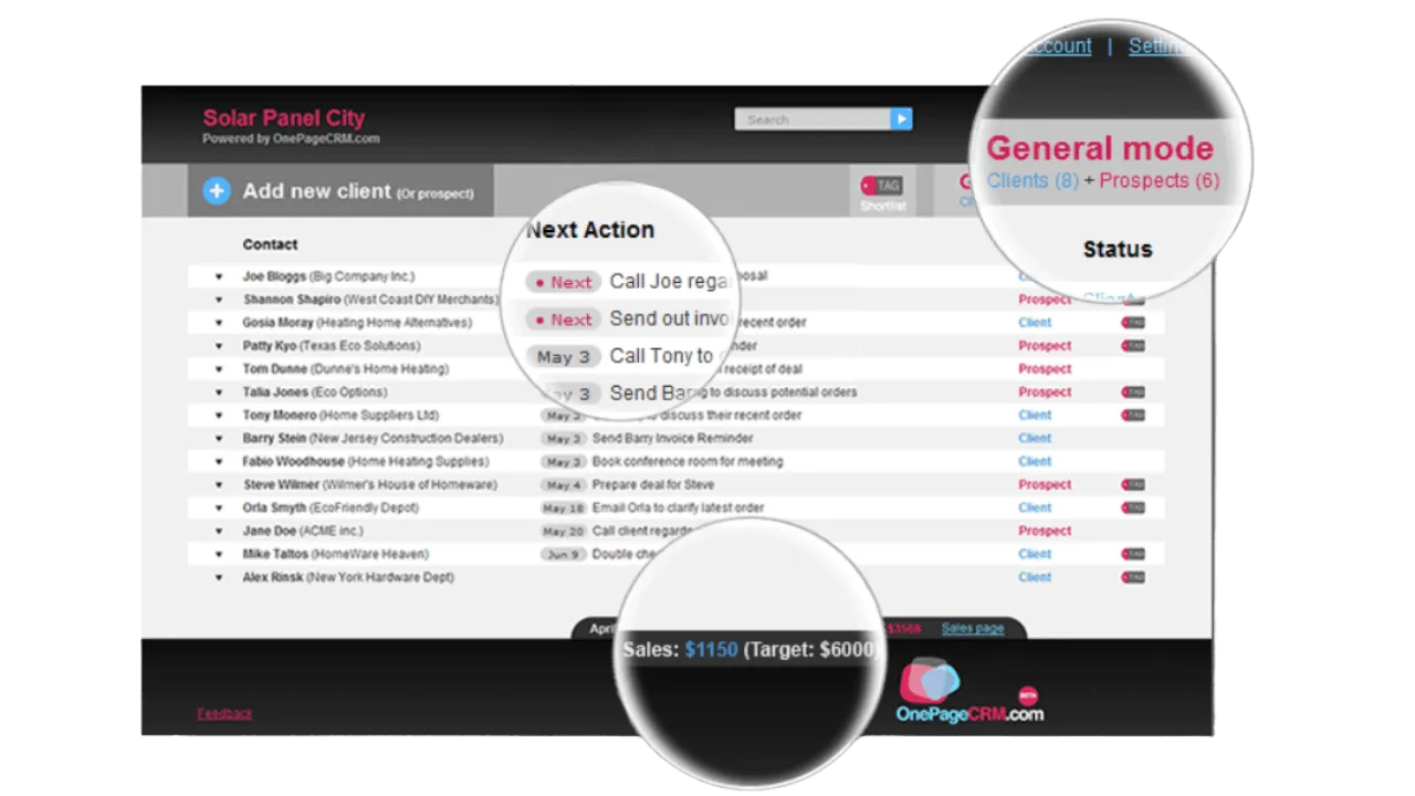 Screenshot of early OnePageCRM interface
