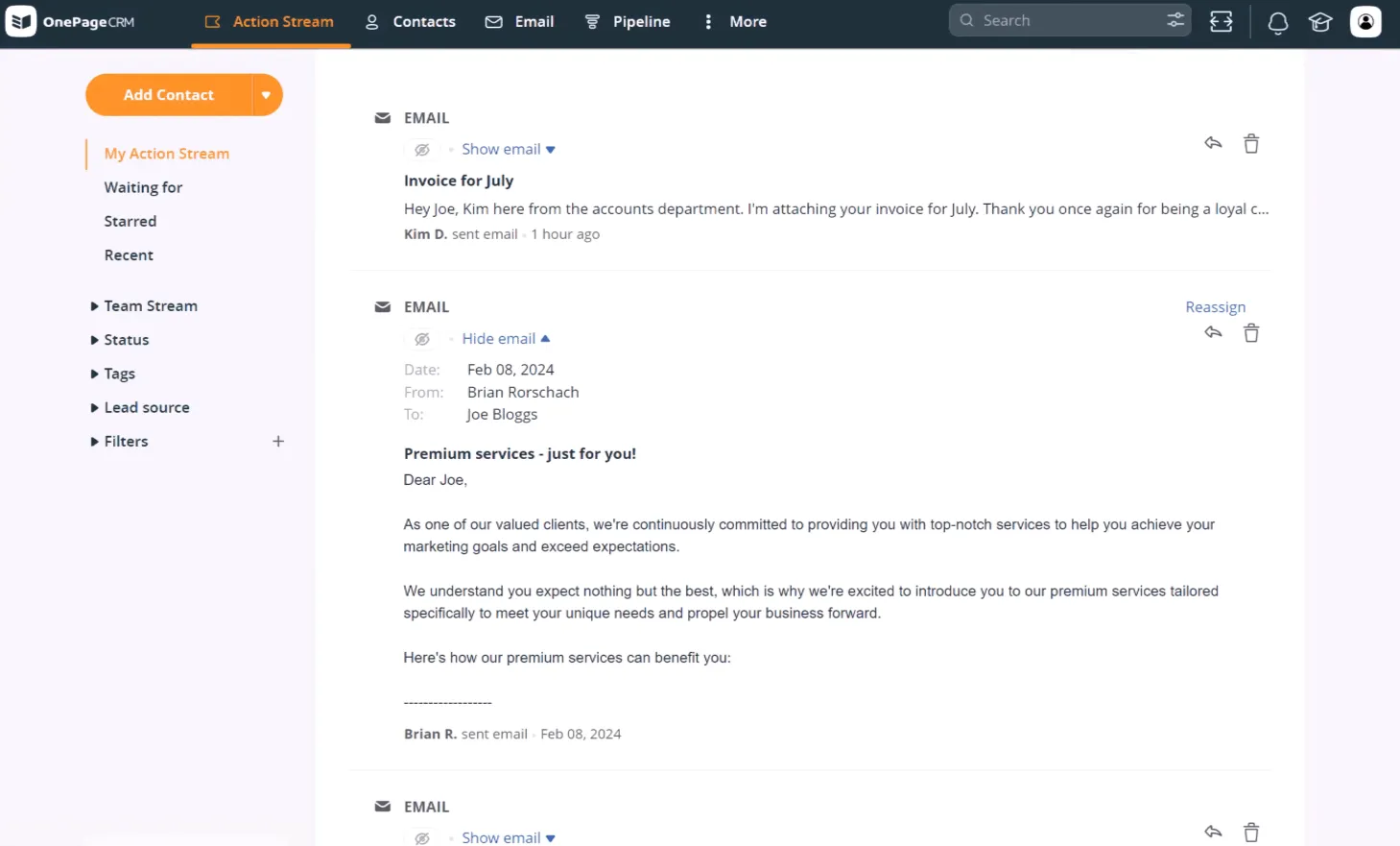 email timeline in an email crm