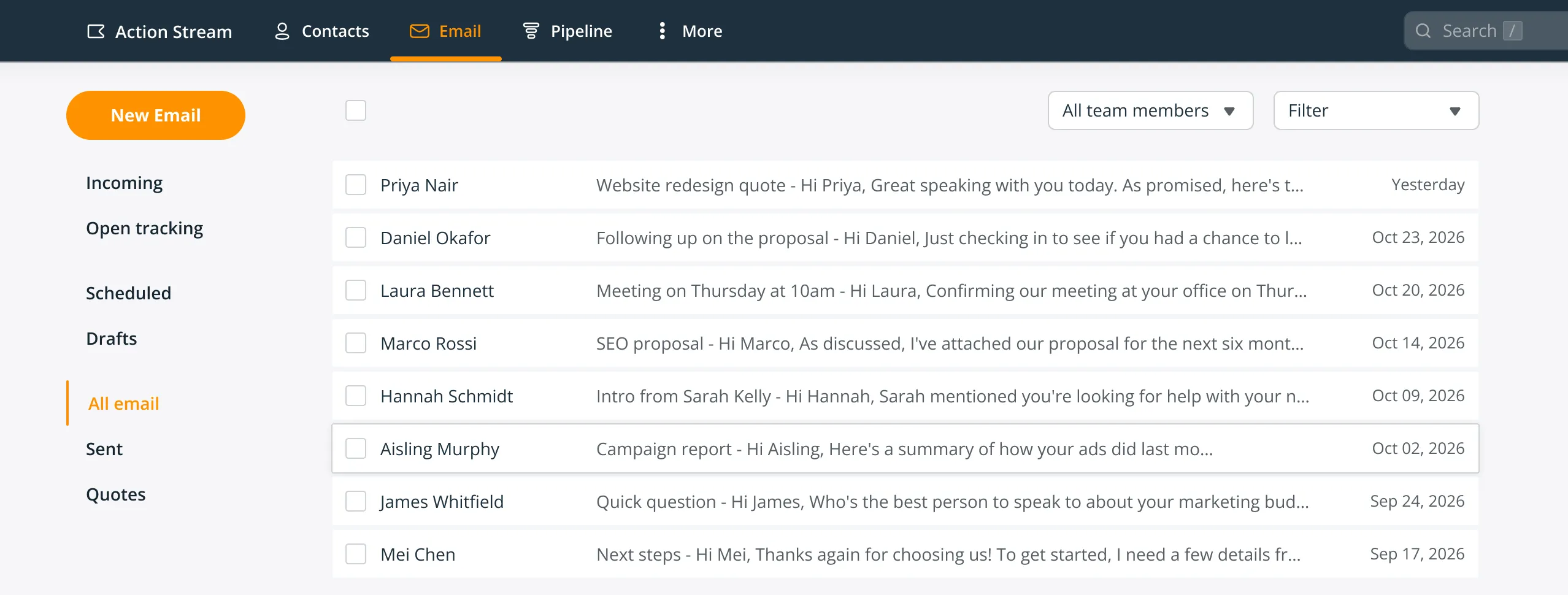 email inbox in onepagecrm
