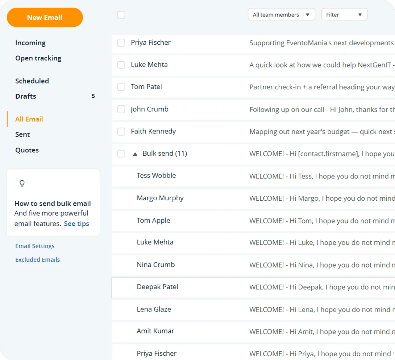OnePageCRM email inbox synced with CRM contacts