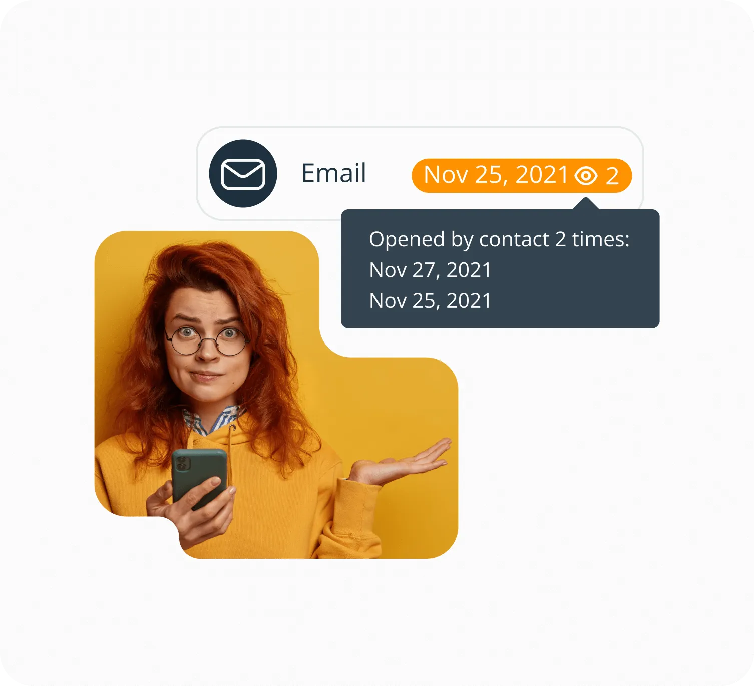 An email in a OnePageCRM timeline with an eye icon and the number 2 beside its date, and a tooltip listing the two dates the contact opened it