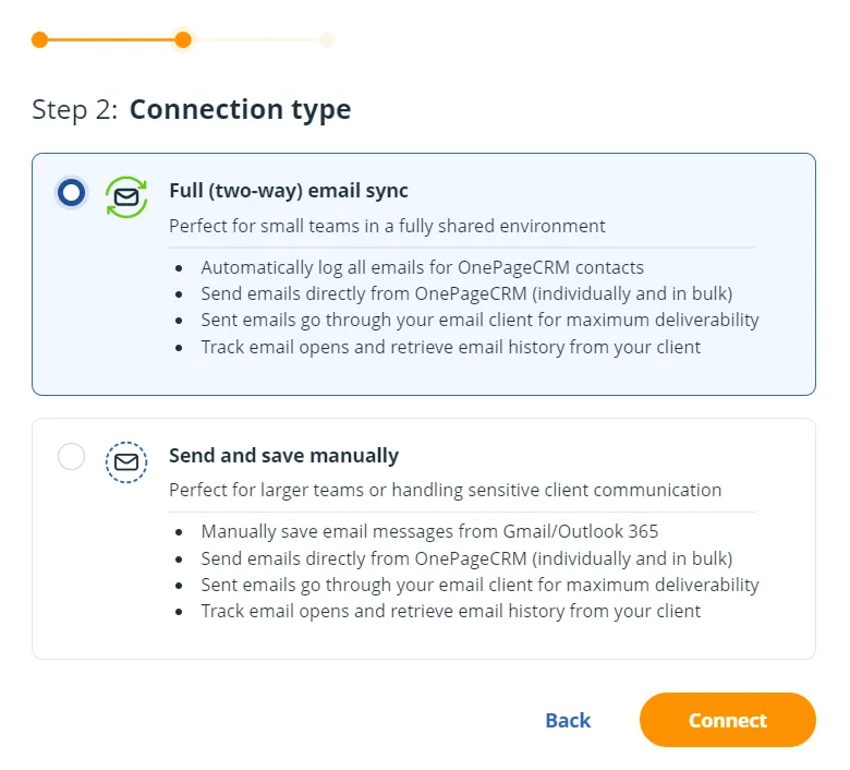 email sync connection type step