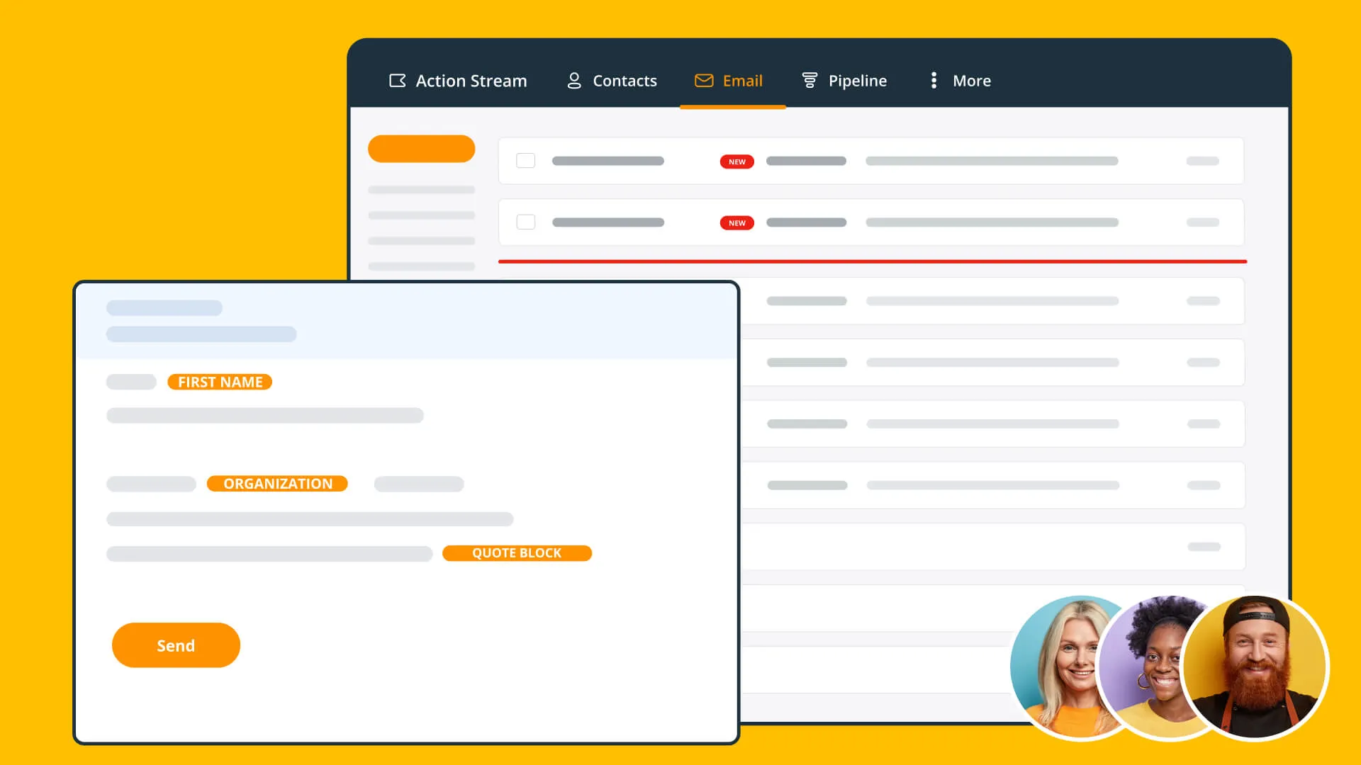 The Email page in OnePageCRM behind an open composer, with merge-field tags for first name and organization in the message and a Send button below it