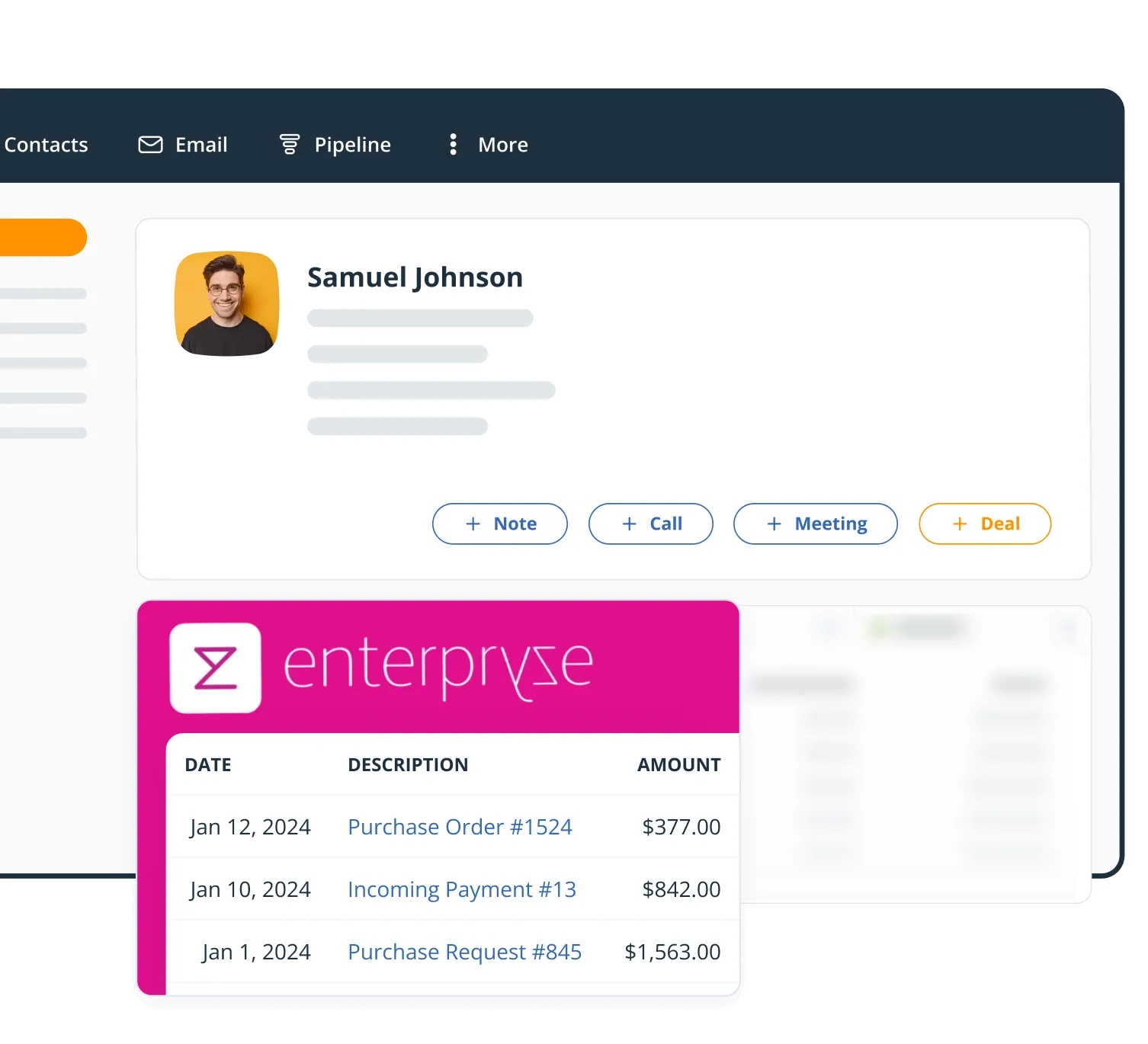 The Enterpryze widget on a OnePageCRM Contact Page, listing transactions with their dates, descriptions, and amounts.