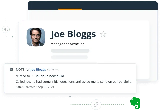 An Evernote note saved onto a OnePageCRM contact, showing who wrote it and when.