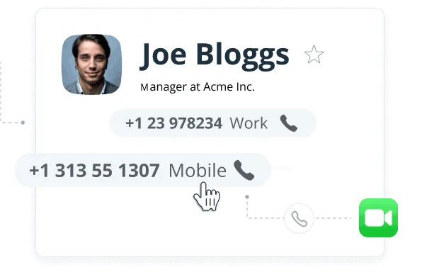 A OnePageCRM Contact Page with two phone numbers, one being clicked to start a FaceTime call.