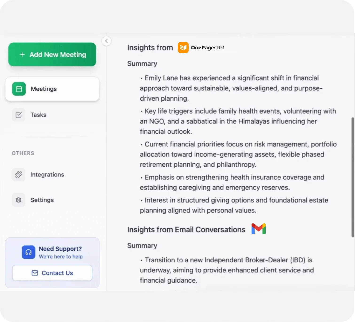 A FastTrackr AI report summarizing insights from a client’s OnePageCRM notes and from their email conversations.