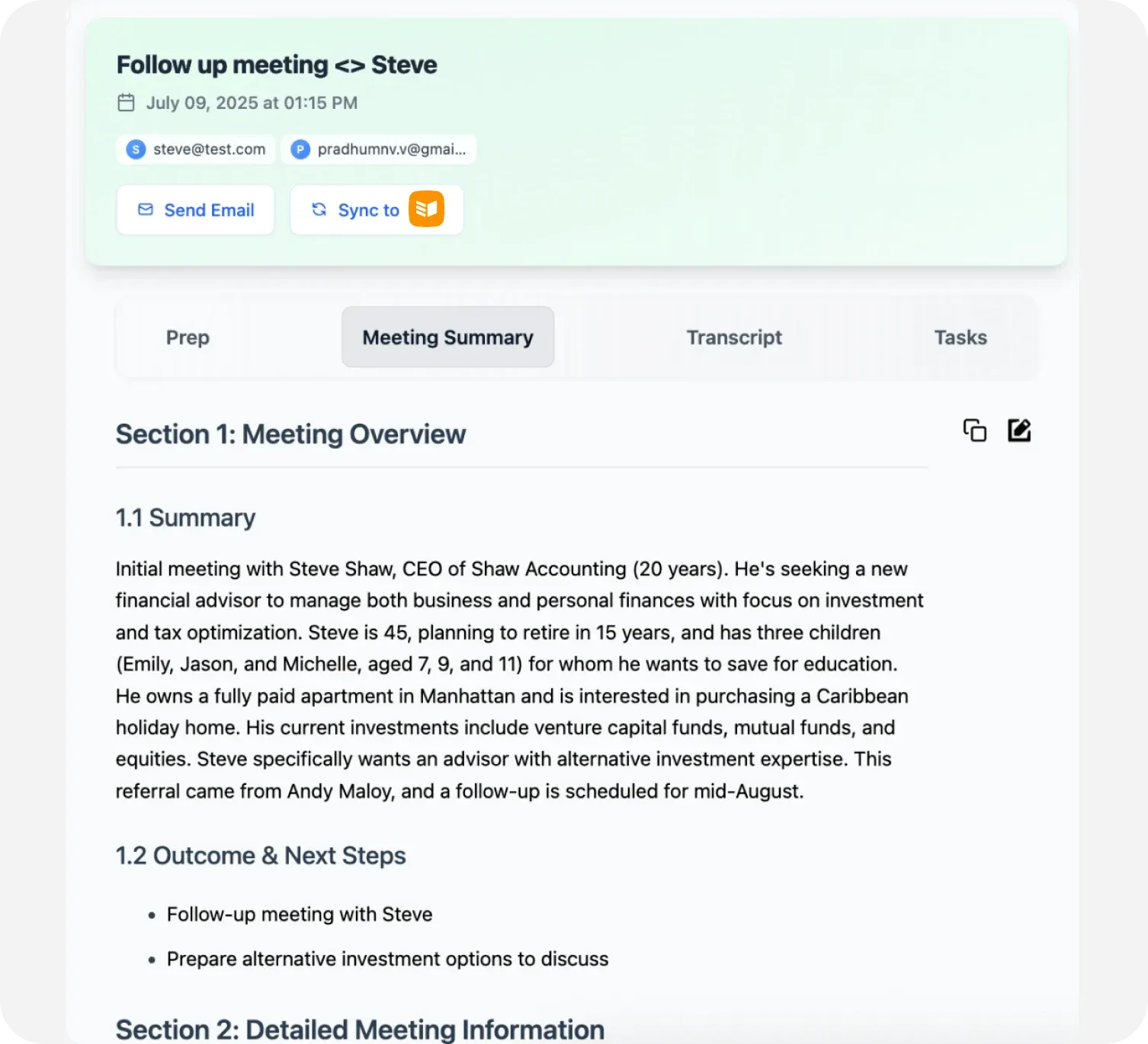 A FastTrackr AI meeting summary, with a Sync to OnePageCRM button above it.