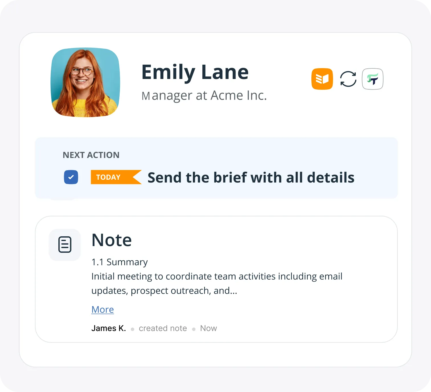 A OnePageCRM Contact Page with a Next Action and a meeting note pushed across from FastTrackr AI.
