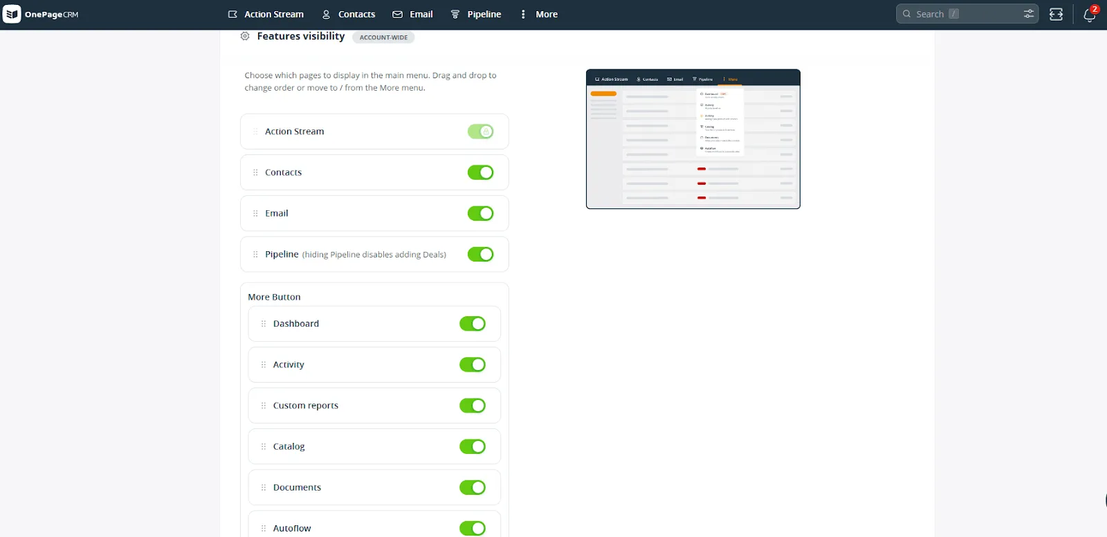 hiding modules in onepagecrm