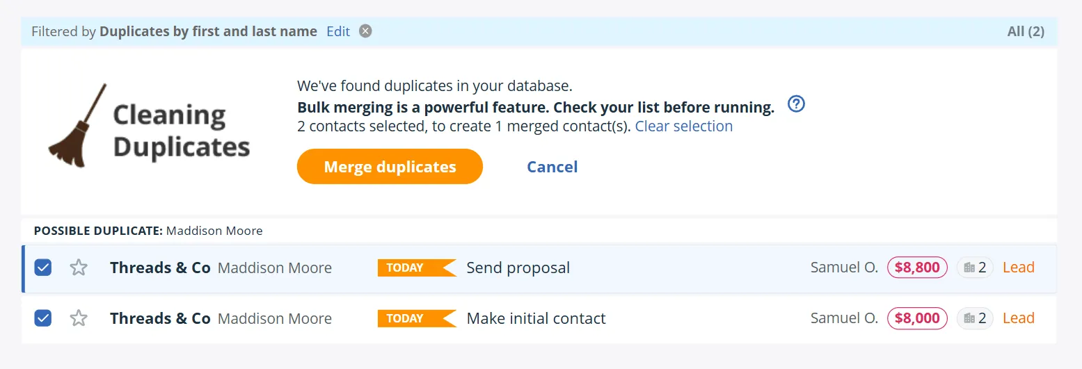 The Action Stream filtered to duplicates by first and last name, with a Cleaning Duplicates panel warning to check the list before running, and two matching contact records ticked below it ready to merge into one