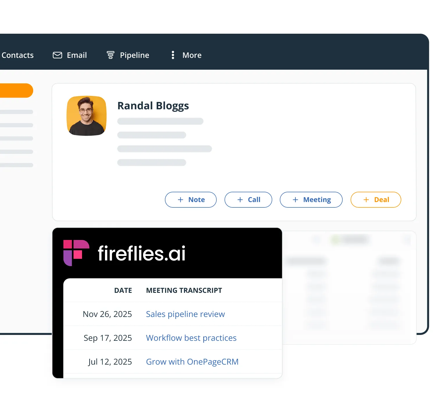 The Fireflies.ai widget on a OnePageCRM Contact Page, listing meeting transcripts with their dates.