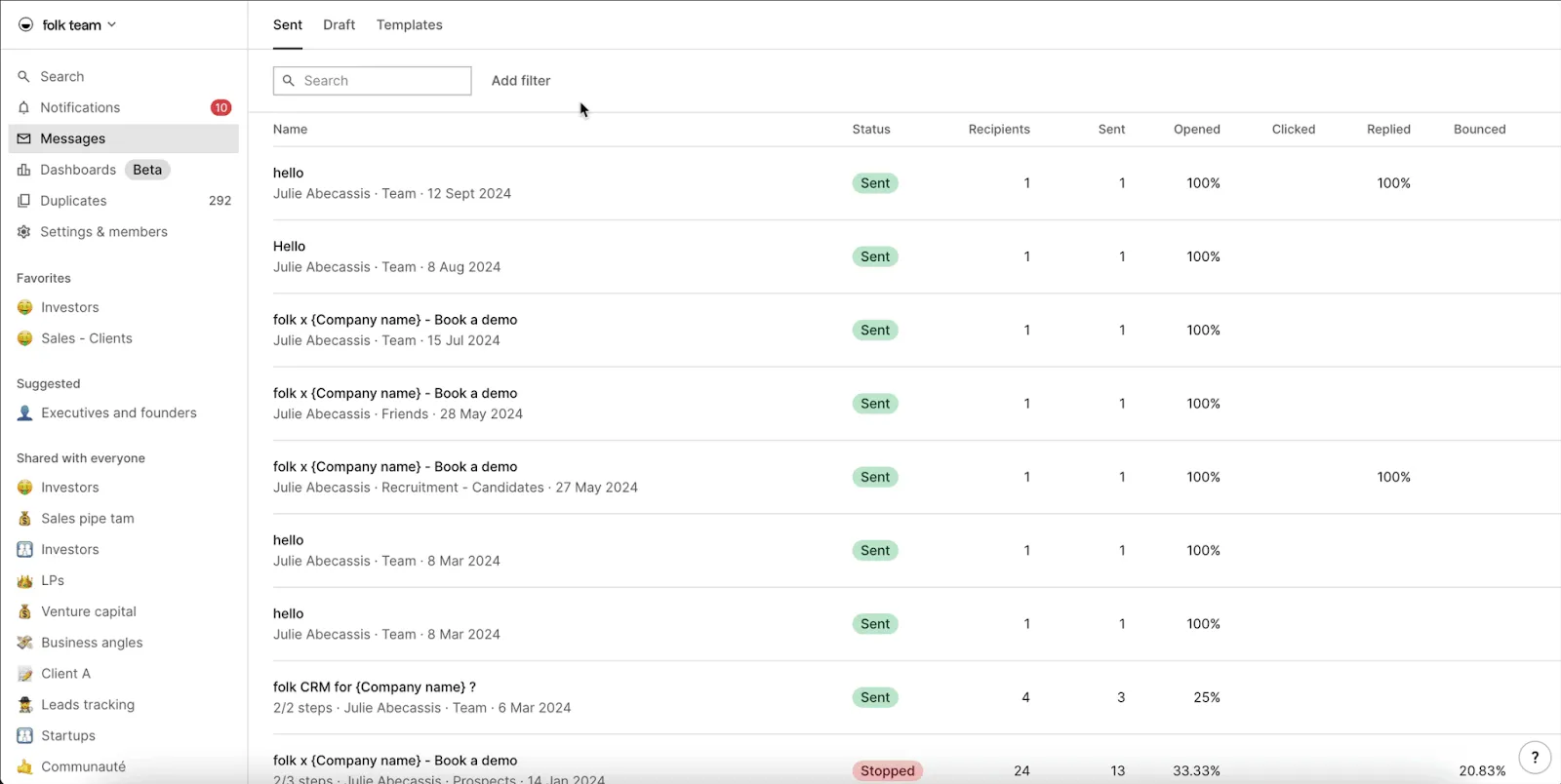email stats in folk crm