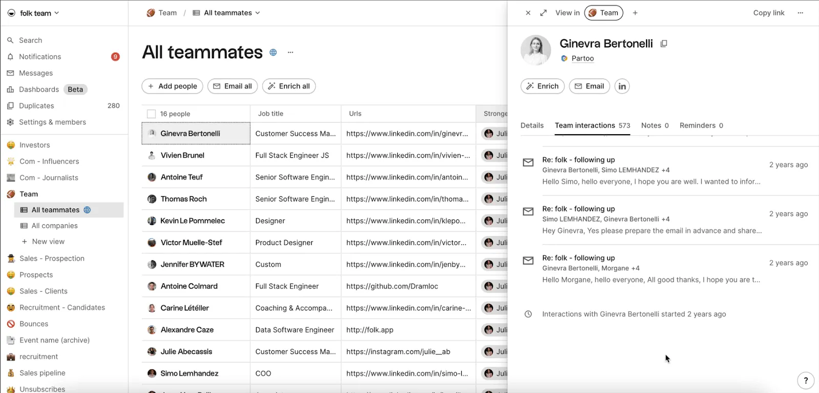folk crm email logs