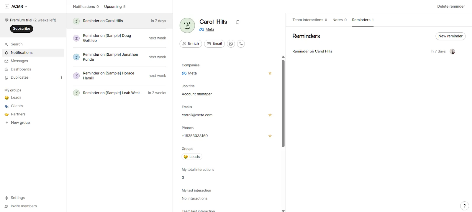 list of reminders in folk crm