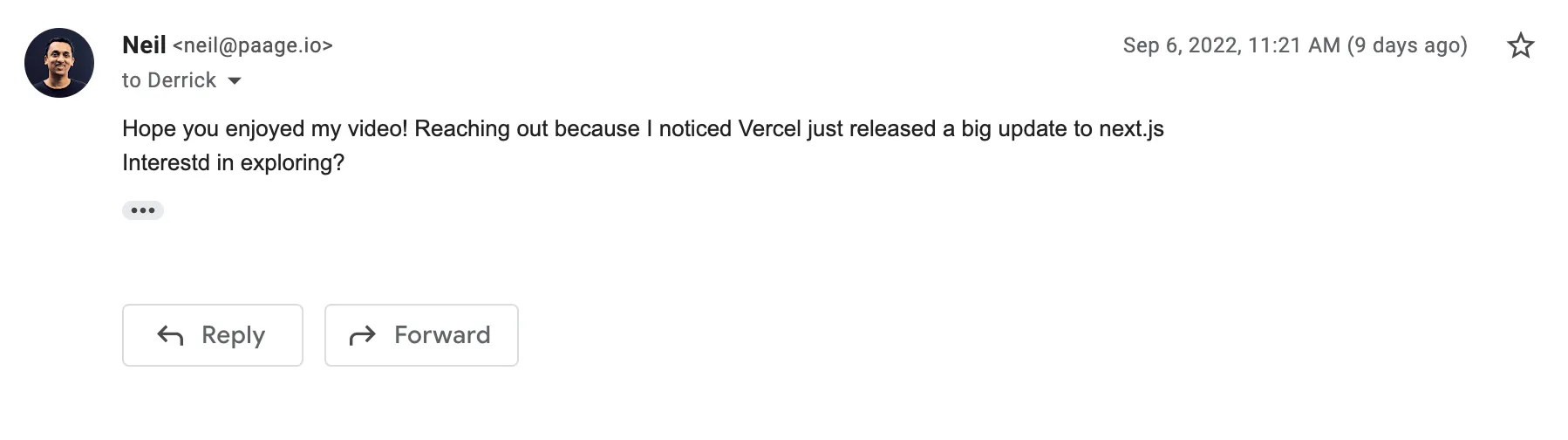 Sales follow-up email from Paage founder