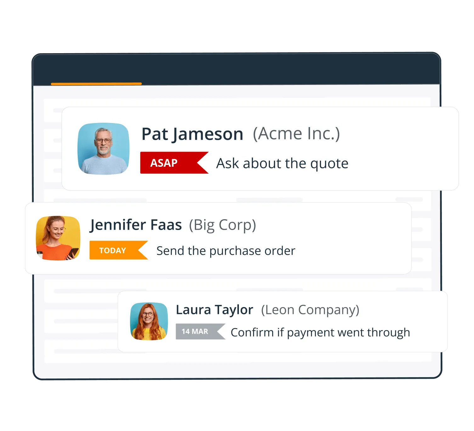 Follow-up reminders next to contacts in OnePageCRM, each with a date and a next step.