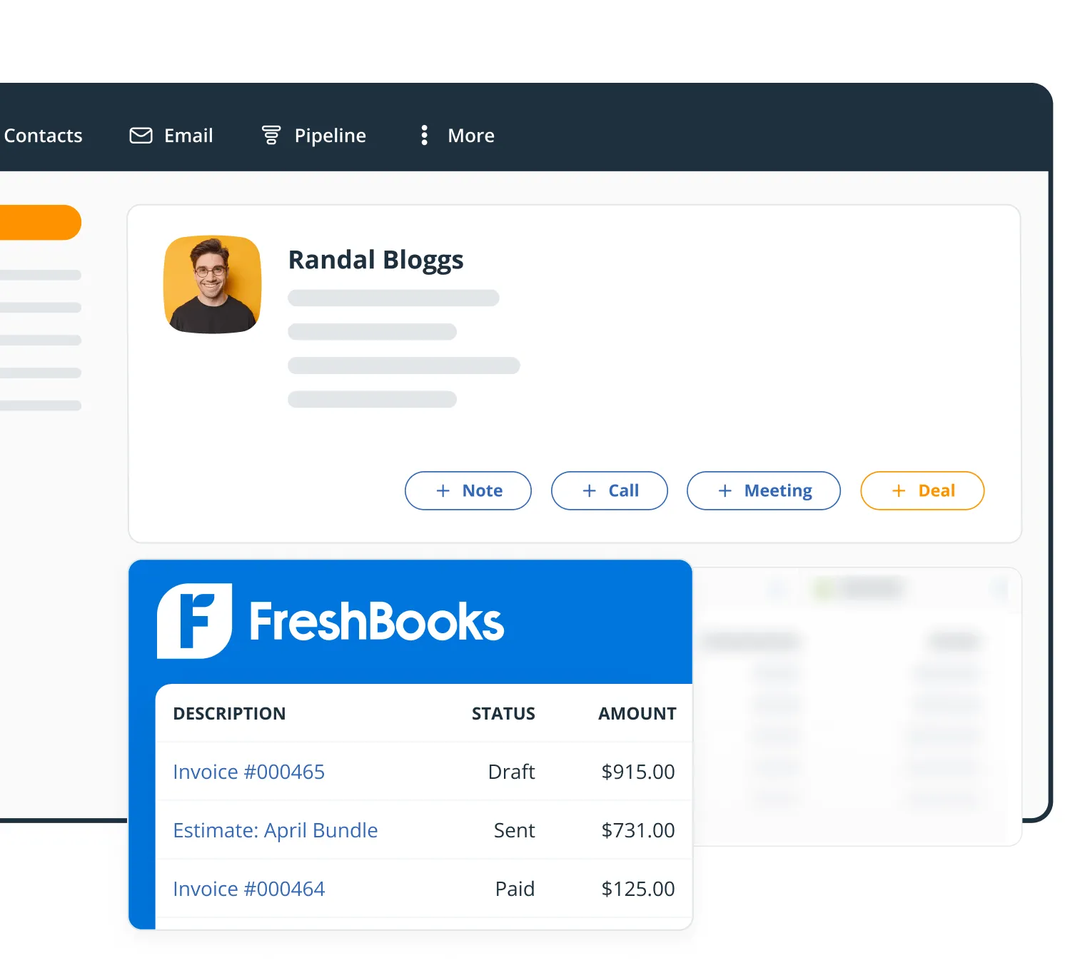 The FreshBooks widget on a OnePageCRM Contact Page, listing invoices and estimates with their statuses and amounts.