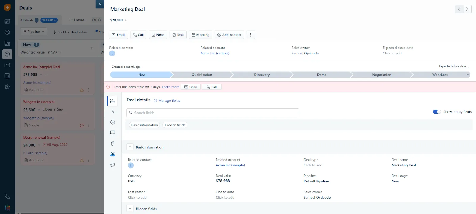 freshsales crm deal page