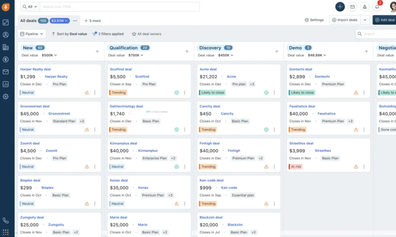 freshsales crm deals in kanban pipeline