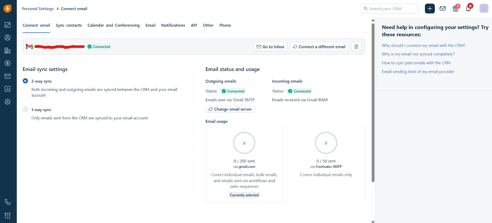 freshsales crm email sync settings
