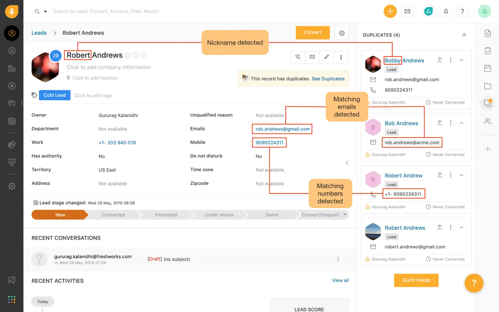 merge duplicates in freshsales crm