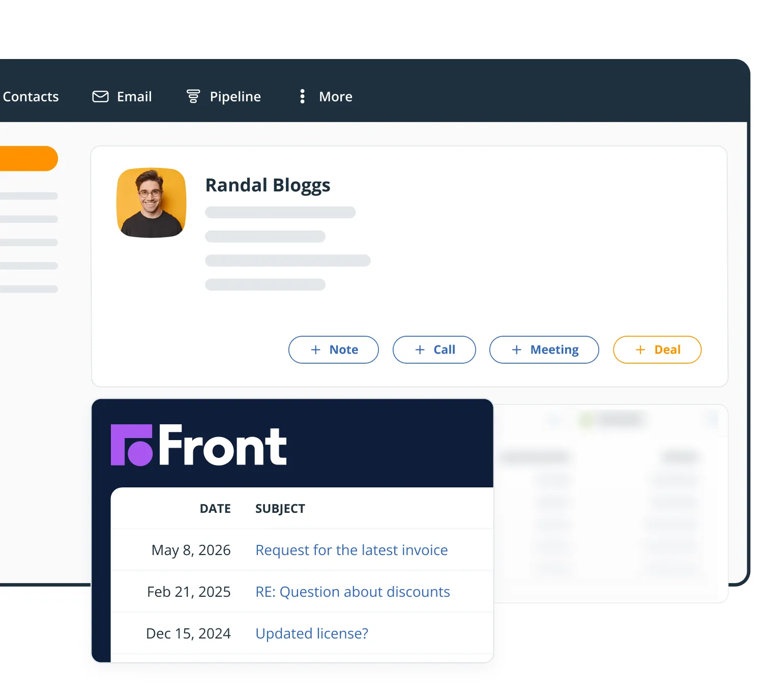 The Front widget on a OnePageCRM Contact Page, listing emails sent through Front with their dates and subjects.