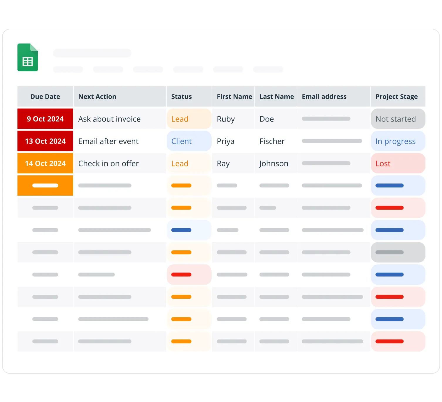 The template open in Google Sheets, with overdue due dates in red and today’s in orange