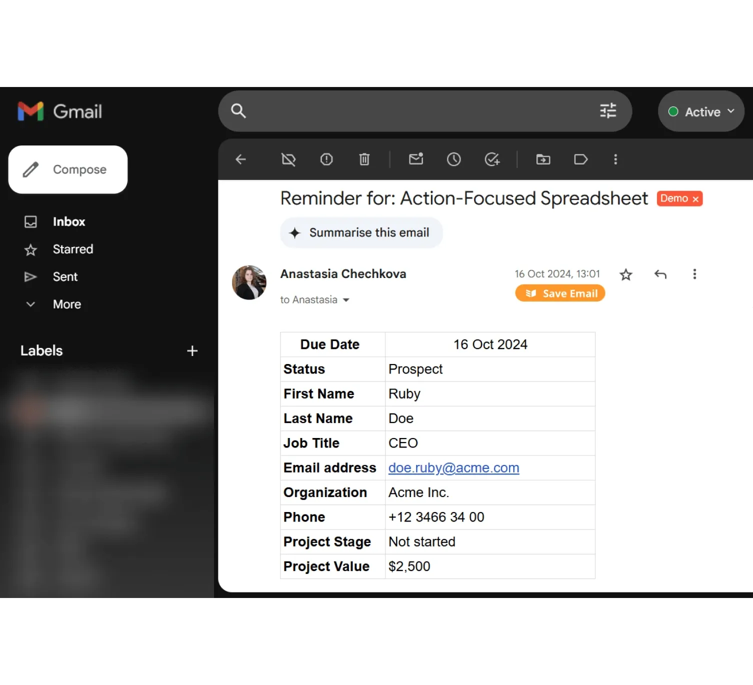 A follow-up reminder email in Gmail showing the contact’s details