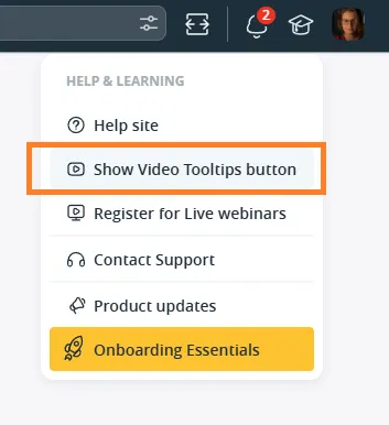 show video tooltips button in the help menu